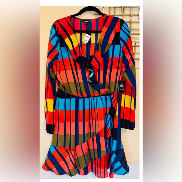 Express V-neck multi color, ruffle, long sleeve dress. - Picture 4 of 7